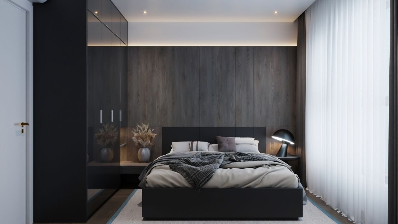 quarto moderno escuro com cama confortável